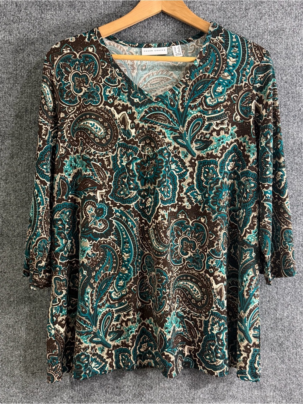 Susan Graver Womens 1X Liquid Knit Top Brown Green 3/4 Sleeve Office Stretch